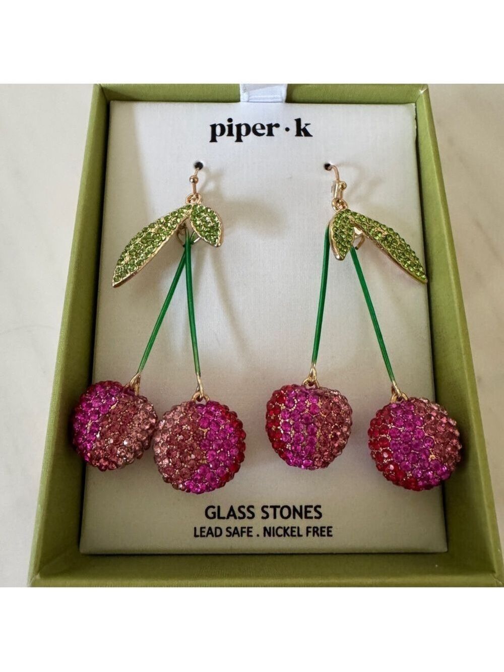 Piper K Pink and Green Cherry Earrings - Picture 7 of 8